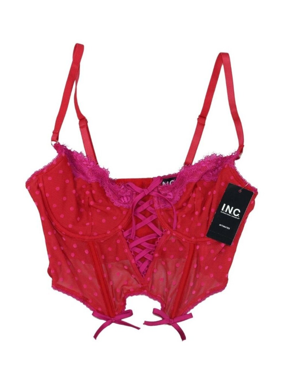 INC Intimates Corset Bustier M Red Pink Polka Dot Lace Up NWT